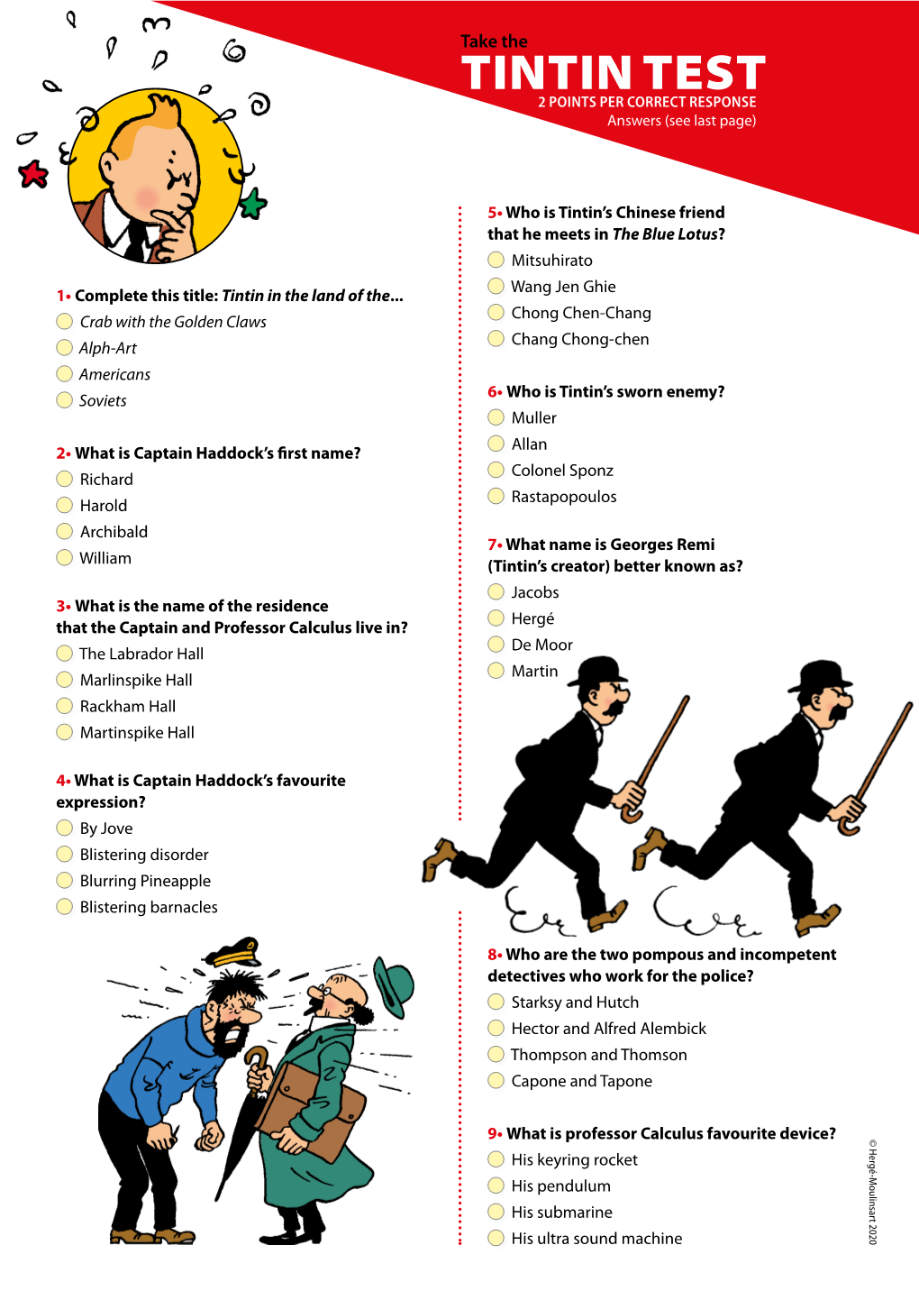 TINTIN TEST 2 POINTS PER CORRECT RESPONSE Answers (See Last Page)