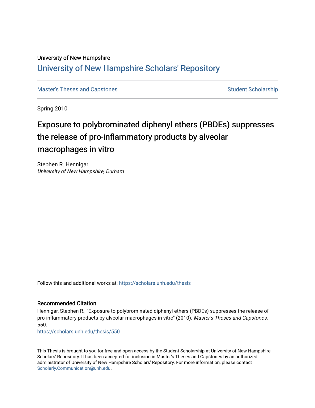 Exposure to Polybrominated Diphenyl Ethers (Pbdes) Suppresses the Release of Pro-Inflammatory Products by Alveolar Macrophages in Vitro