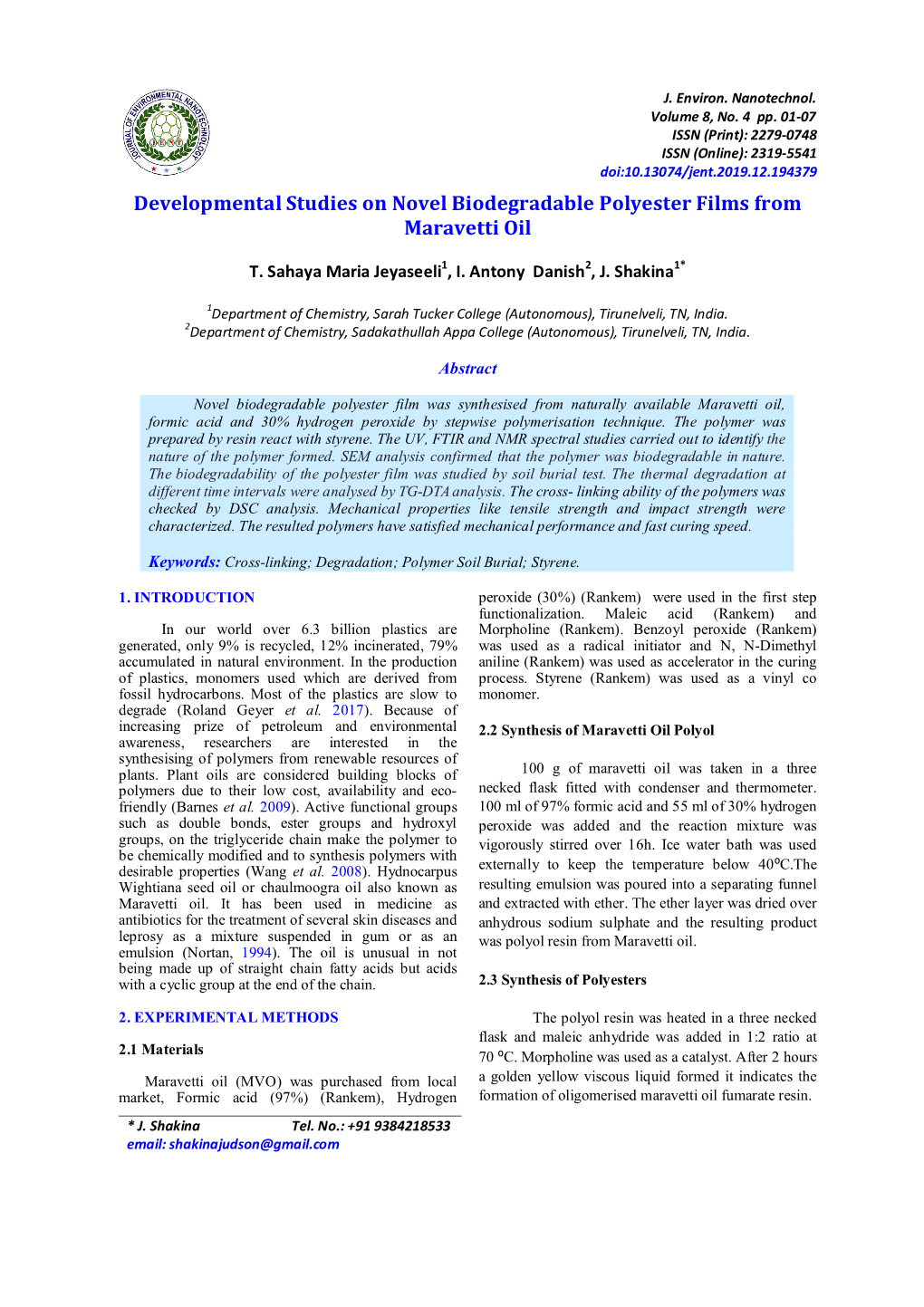 Developmental Studies on Novel Biodegradable Polyester Films from Maravetti Oil