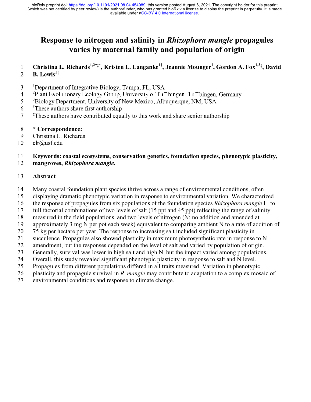 Response to Nitrogen and Salinity in Rhizophora Mangle Propagules Varies by Maternal Family and Population of Origin