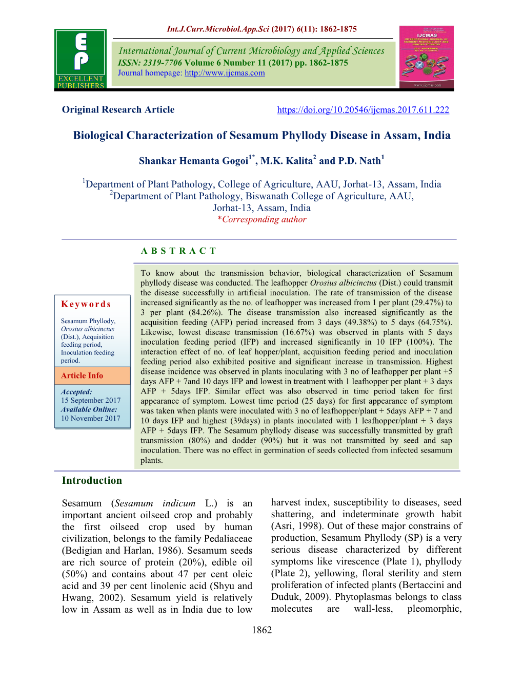 Biological Characterization of Sesamum Phyllody Disease in Assam, India