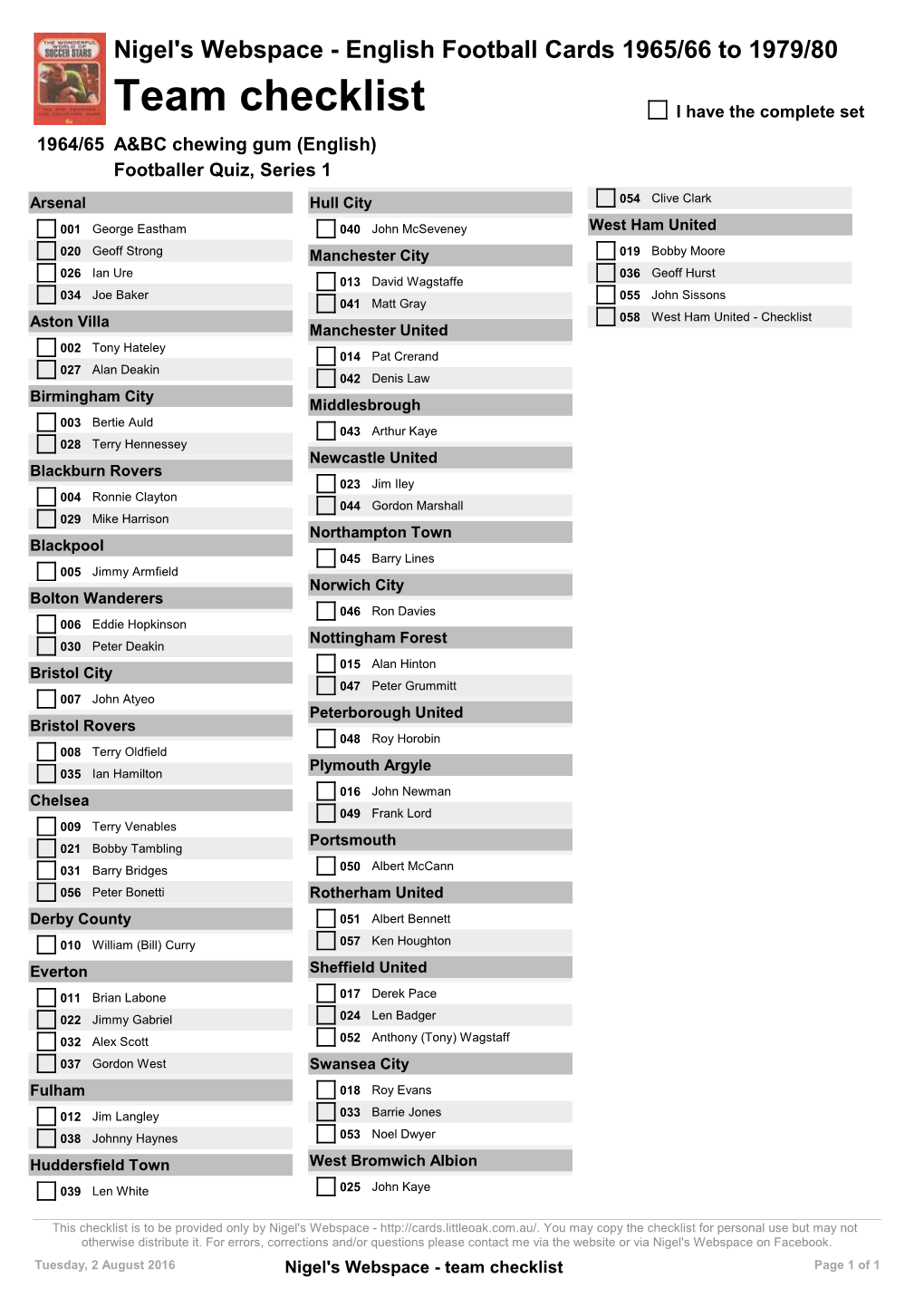 Team Checklist I Have the Complete Set 1964/65 A&BC Chewing Gum (English) Footballer Quiz, Series 1