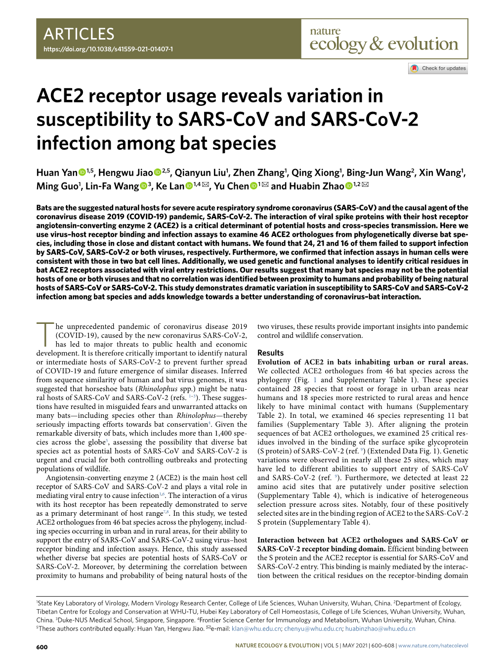 ACE2 Receptor Usage Reveals Variation in Susceptibility to SARS-Cov and SARS-Cov-2 Infection Among Bat Species