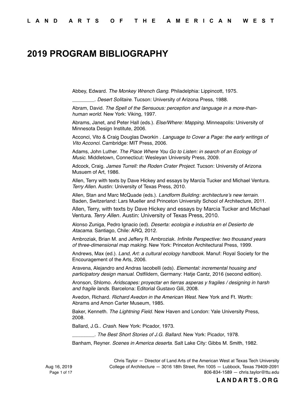 2019 Program Bibliography