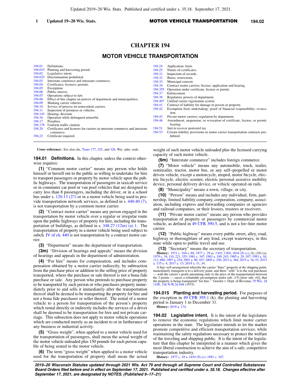 Chapter 194 Motor Vehicle Transportation