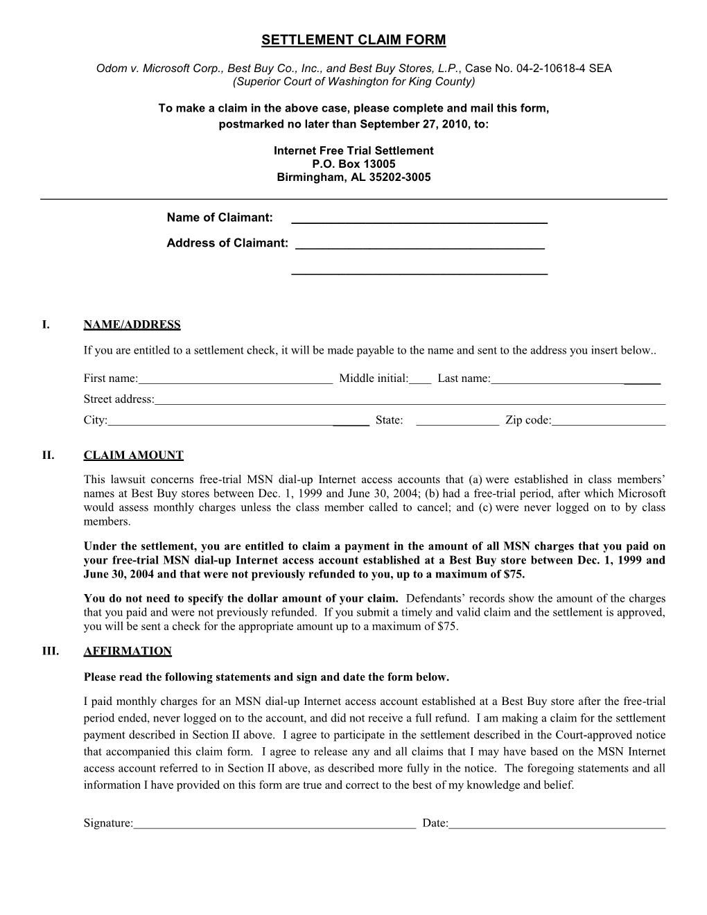 Settlement Claim Form