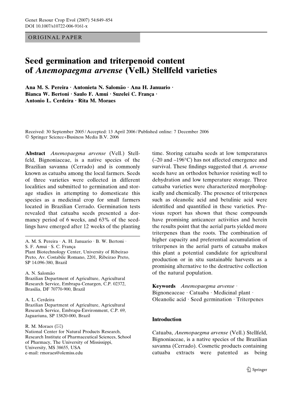 Seed Germination and Triterpenoid Content of Anemopaegma Arvense (Vell.) Stellfeld Varieties