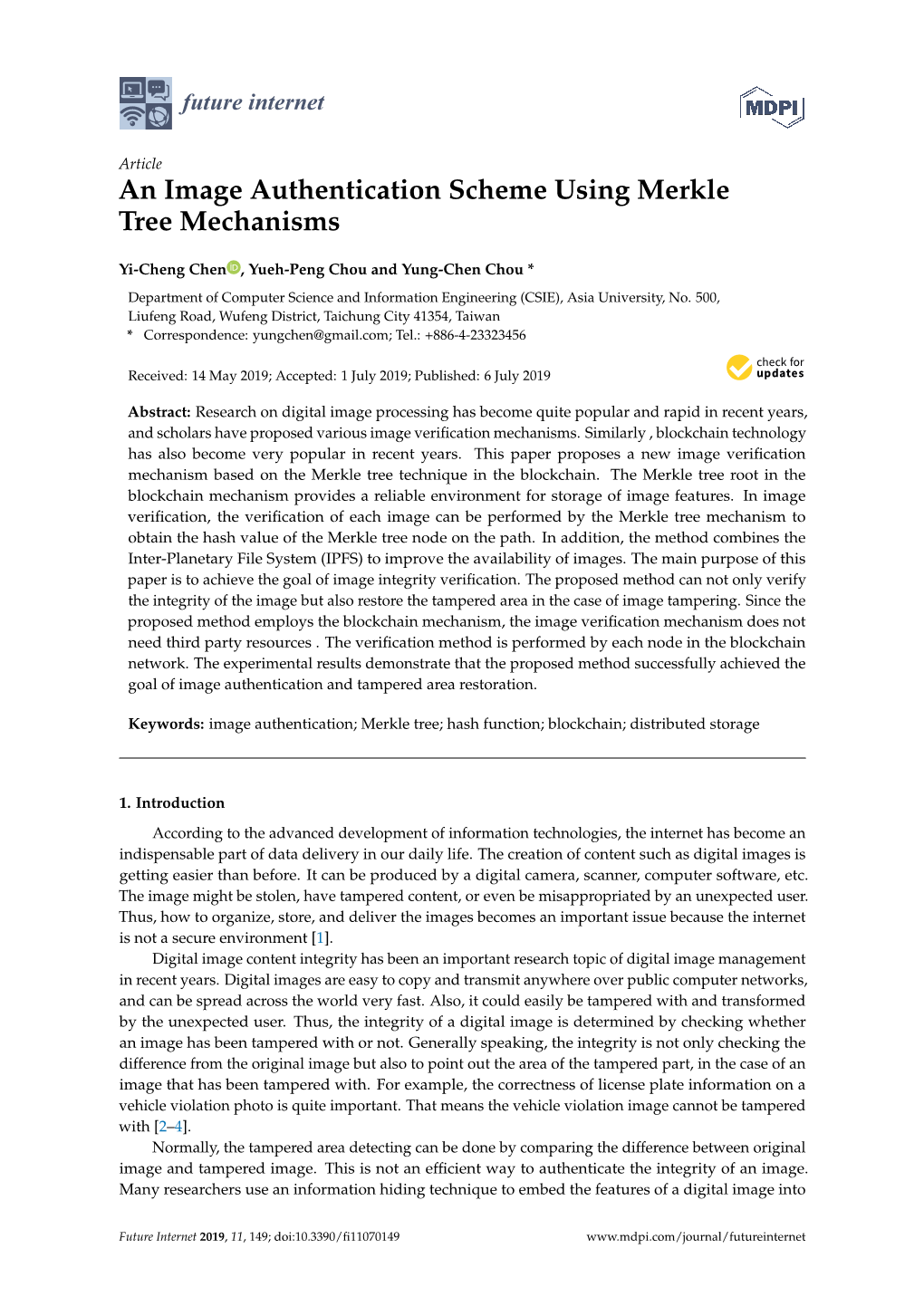 An Image Authentication Scheme Using Merkle Tree Mechanisms