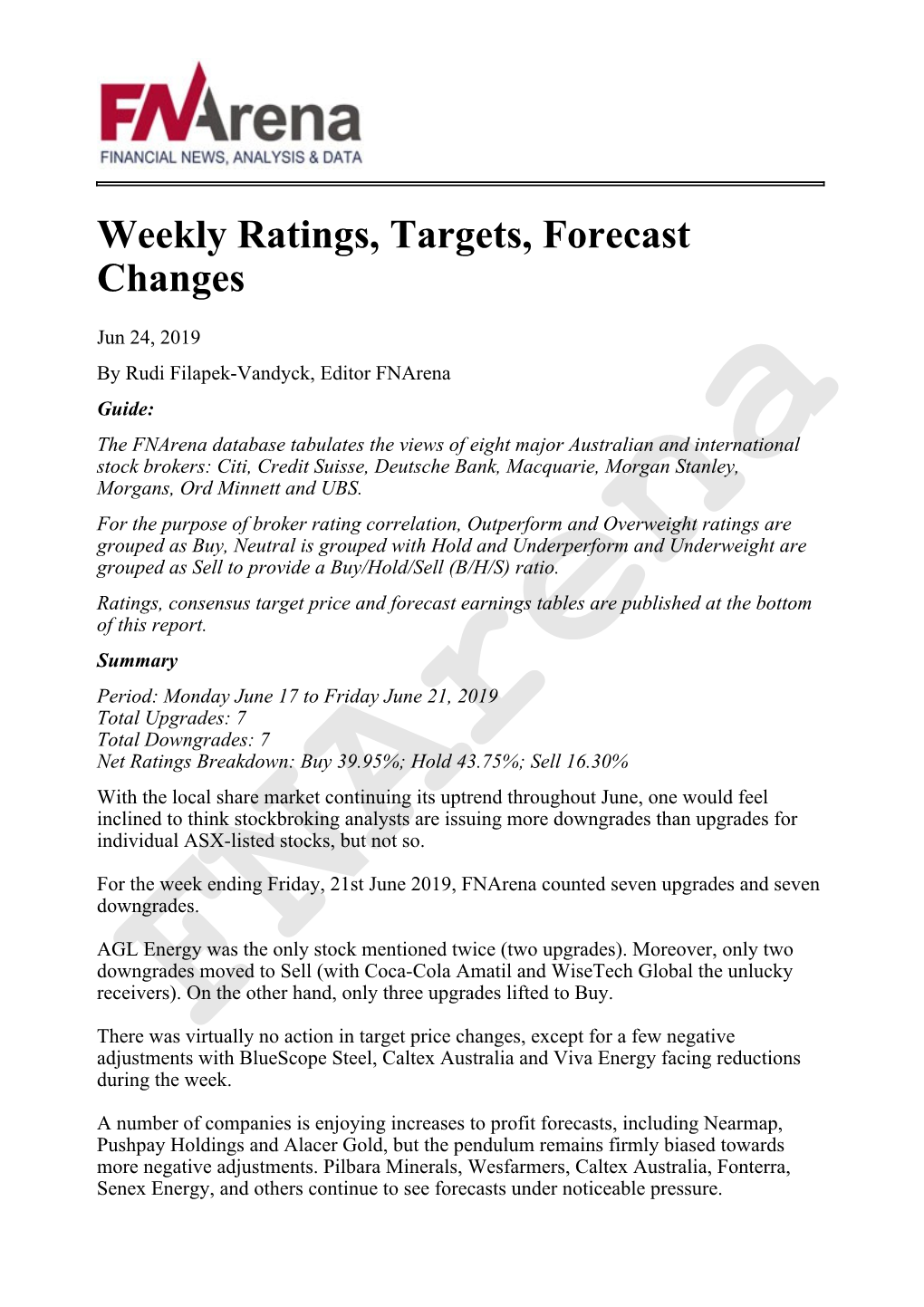 Weekly Ratings, Targets, Forecast Changes