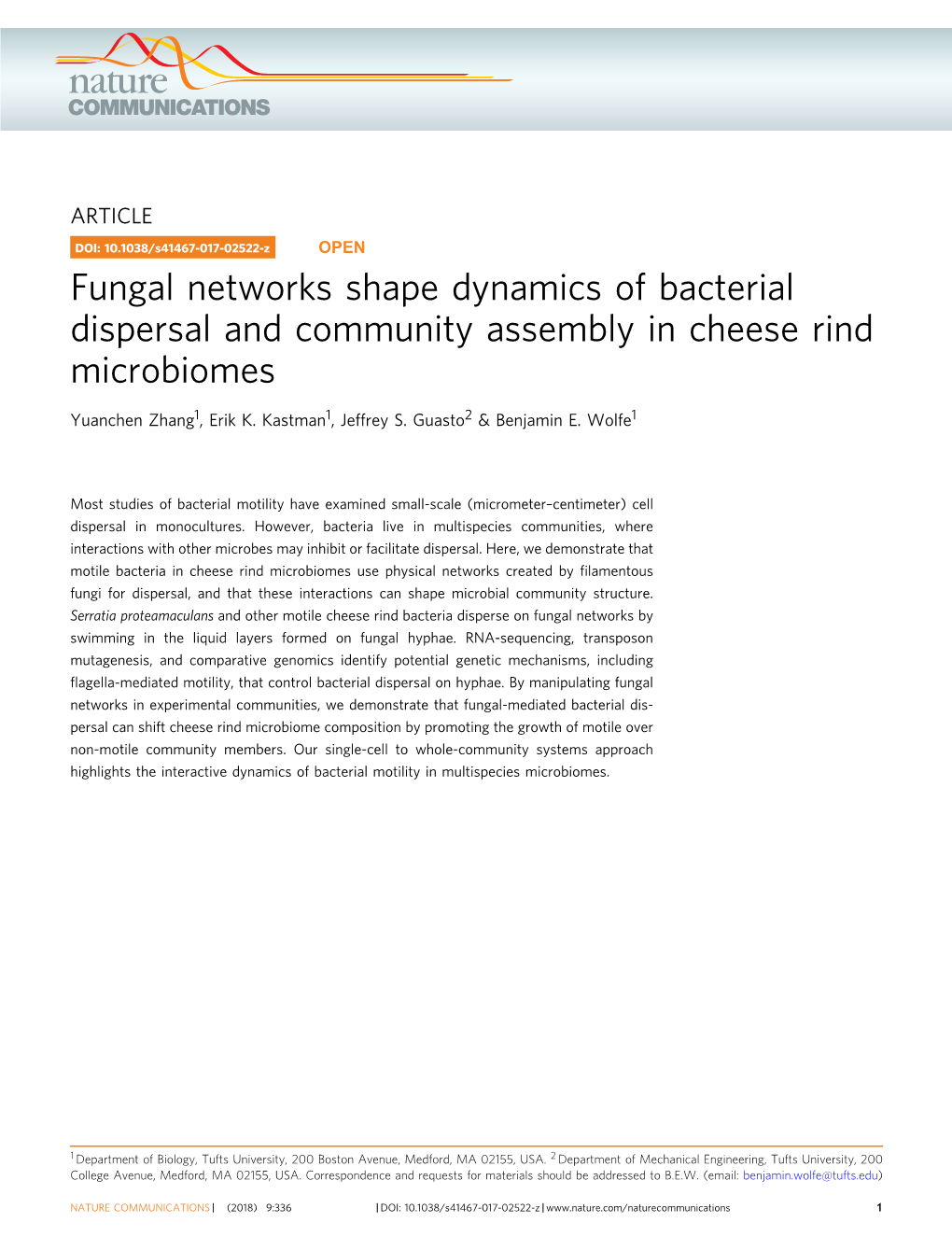 Fungal Networks Shape Dynamics of Bacterial Dispersal and Community Assembly in Cheese Rind Microbiomes