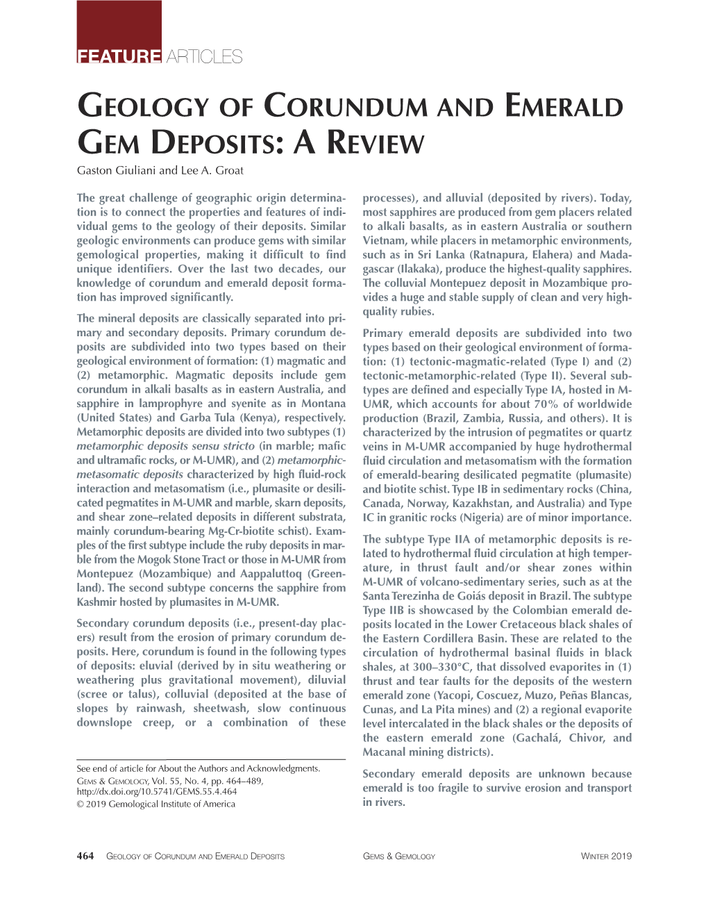 GEOLOGY of CORUNDUM and EMERALD GEM DEPOSITS : a R EVIEW Gaston Giuliani and Lee A