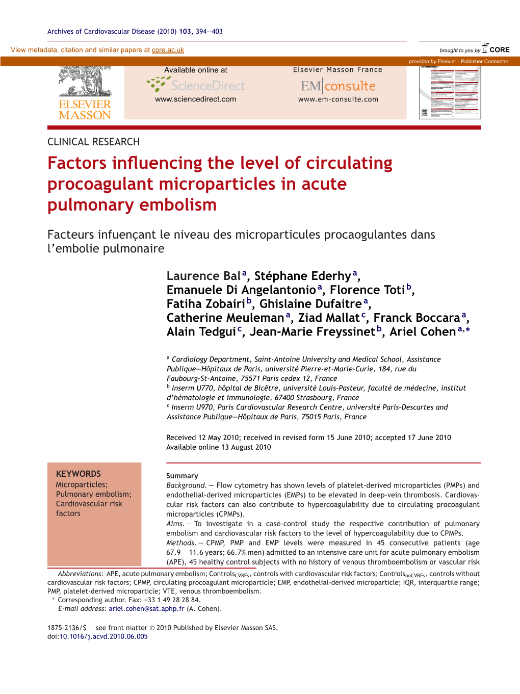 Factors Influencing the Level of Circulating Procoagulant Microparticles in Acute Pulmonary Embolism