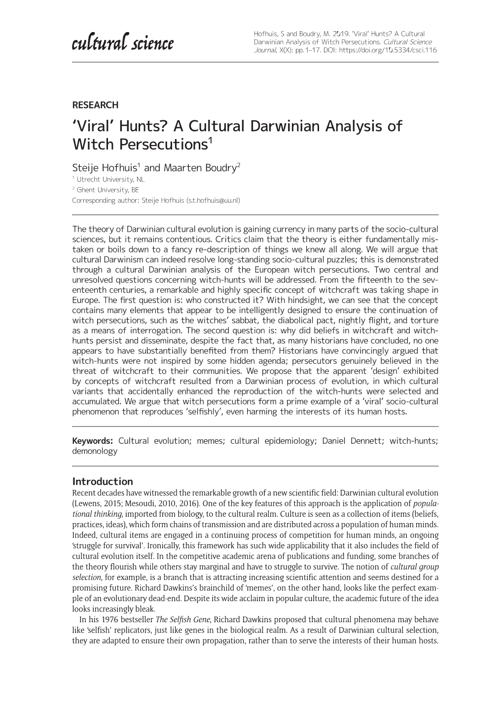 'Viral' Hunts? a Cultural Darwinian Analysis of Witch Persecutions