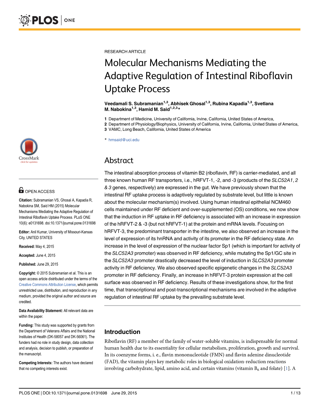 Molecular Mechanisms Mediating the Adaptive Regulation of Intestinal Riboflavin Uptake Process