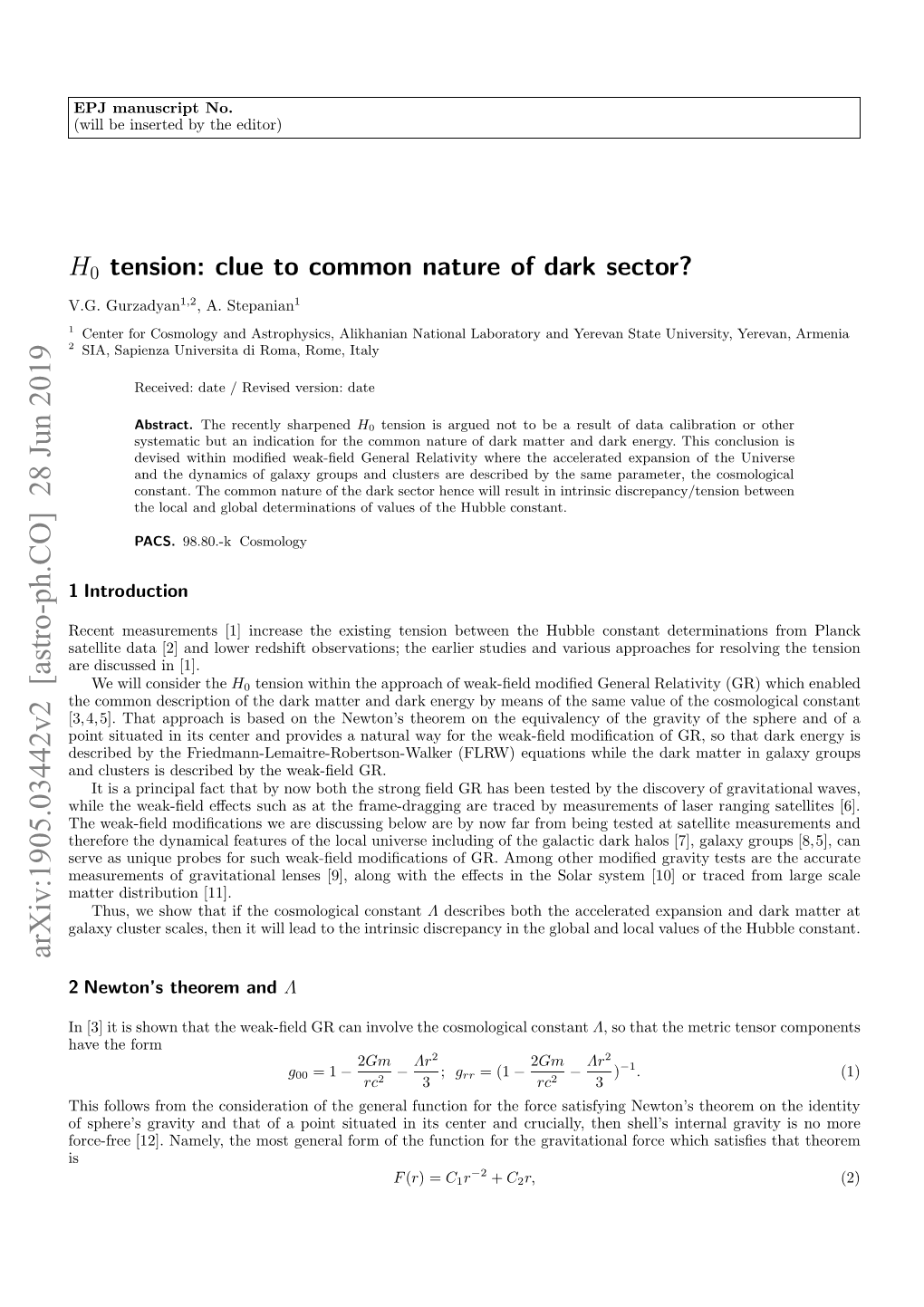 H0 Tension: Clue to Common Nature of Dark Sector? Where C1 and C2 Are Constants of Integration; for Derivation and Discussion See [12,4]