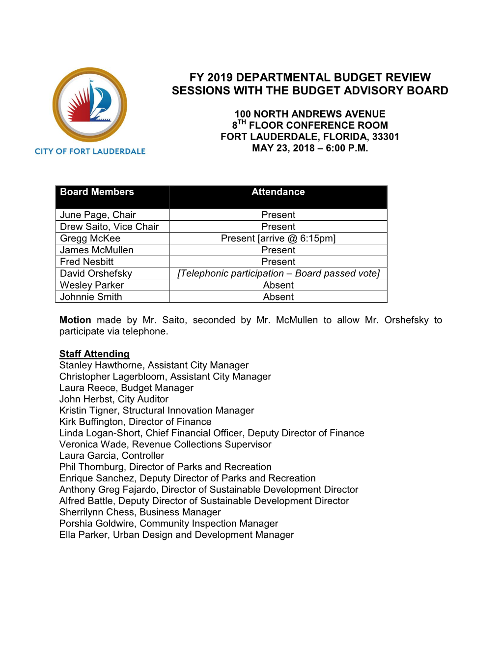 Fy 2019 Departmental Budget Review Sessions with the Budget Advisory Board