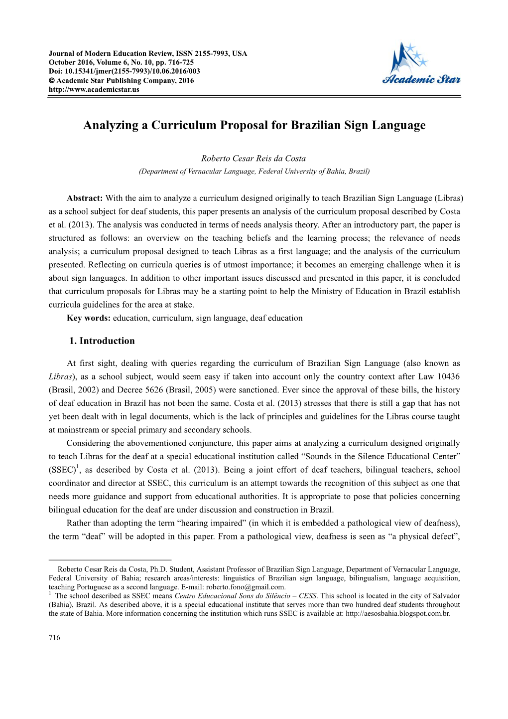 Analyzing a Curriculum Proposal for Brazilian Sign Language
