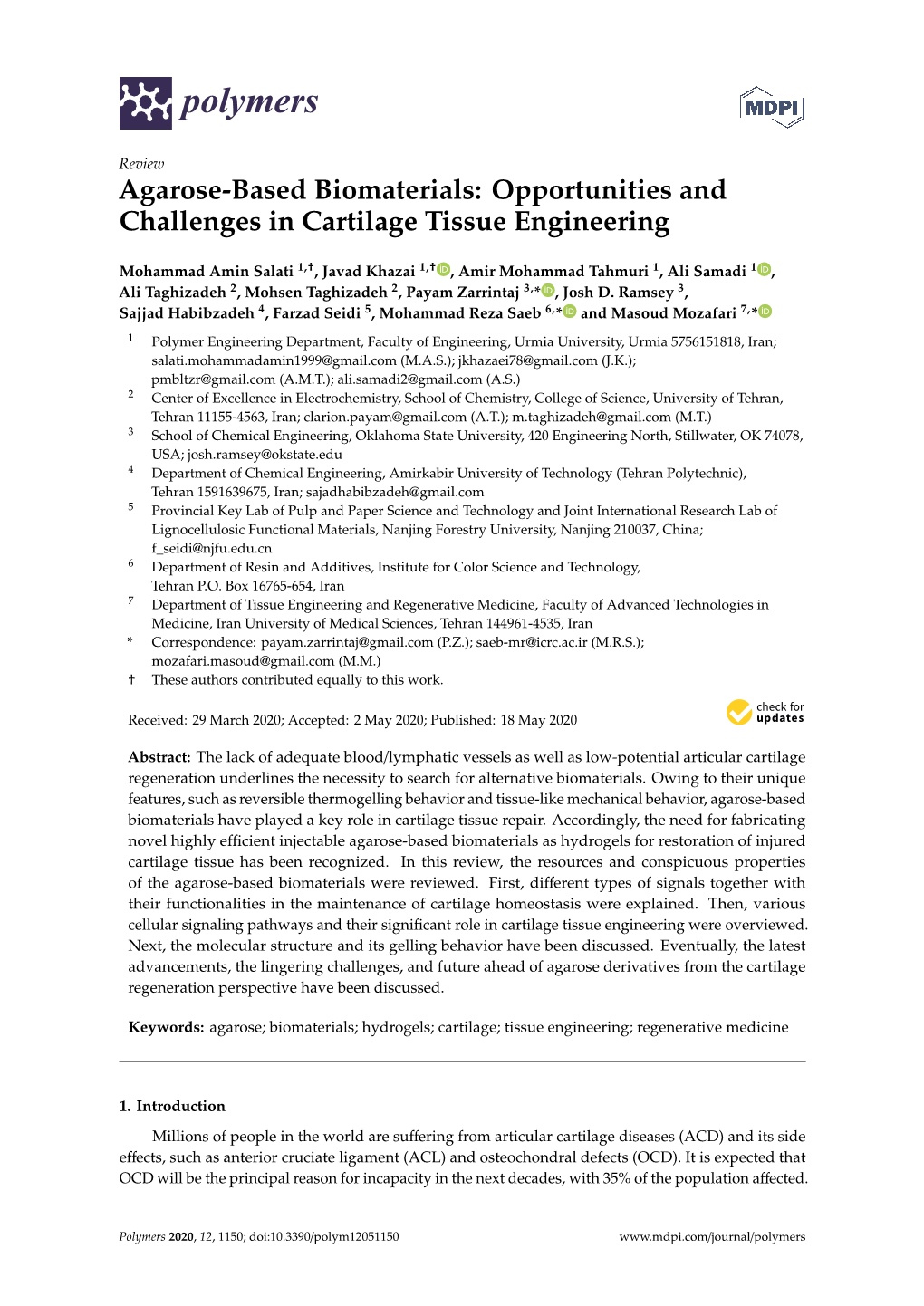 Agarose-Based Biomaterials: Opportunities and Challenges in Cartilage Tissue Engineering