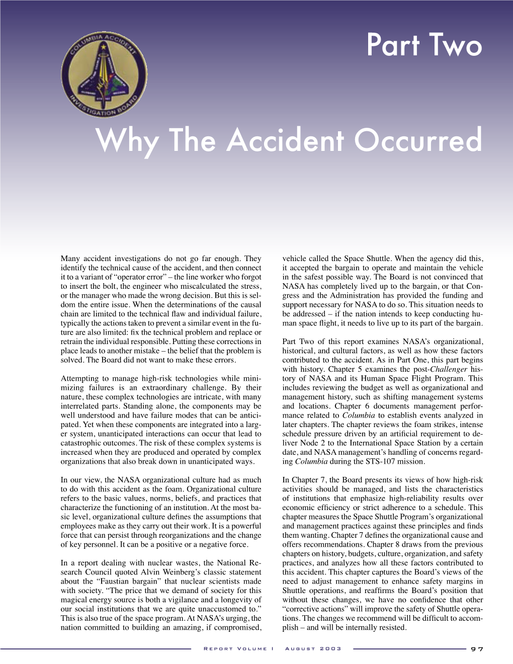 COLUMBIA ACCIDENT INVESTIGATION BOARD Part Two