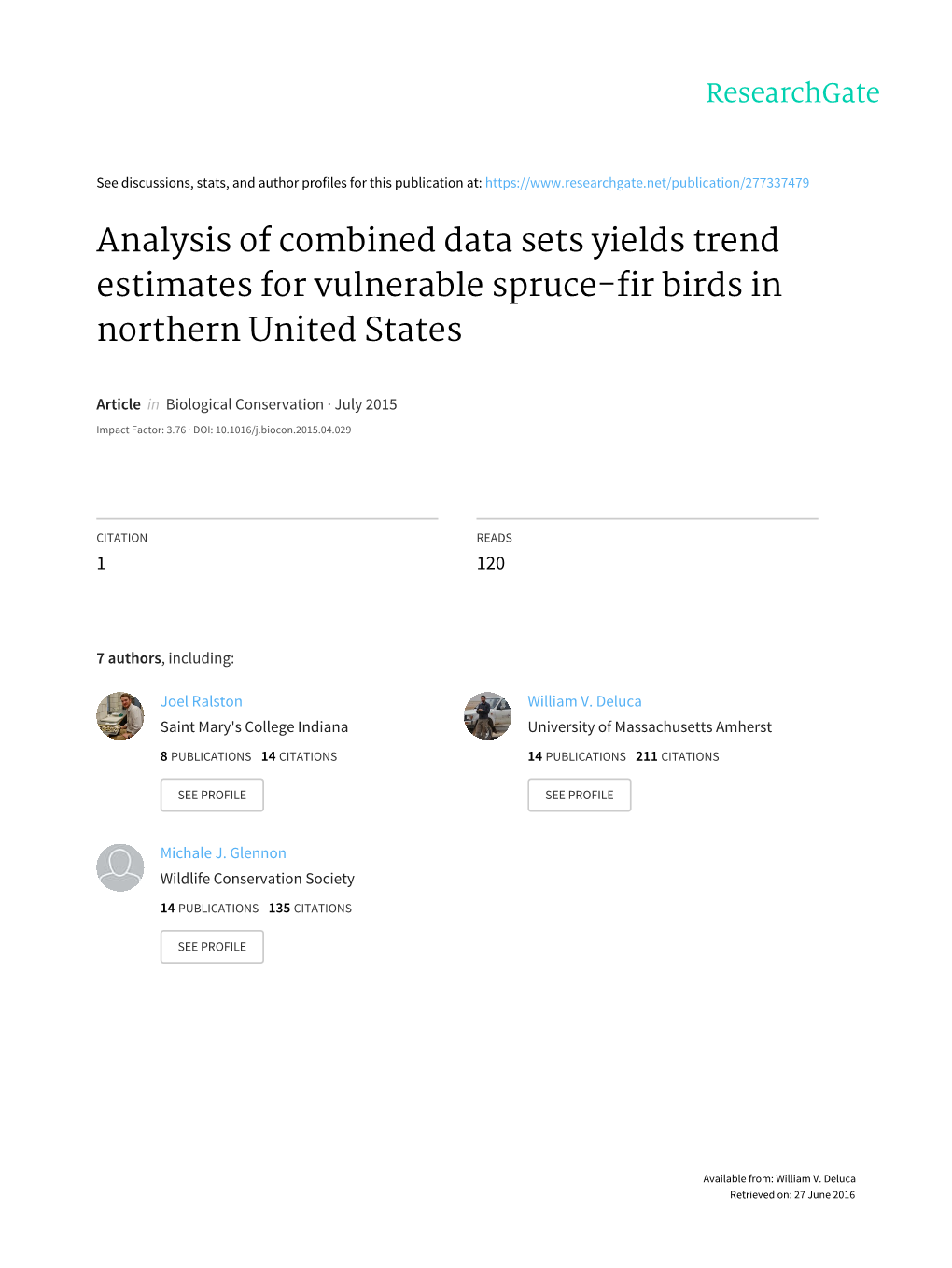 Analysis of Combined Data Sets Yields Trend Estimates for Vulnerable Spruce-Fir Birds in Northern United States