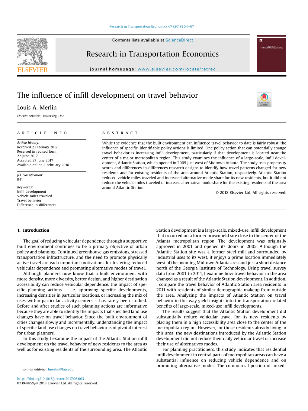 The Influence of Infill Development on Travel Behavior