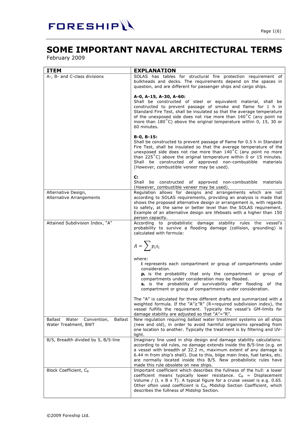 SOME IMPORTANT NAVAL ARCHITECTURAL TERMS February 2009