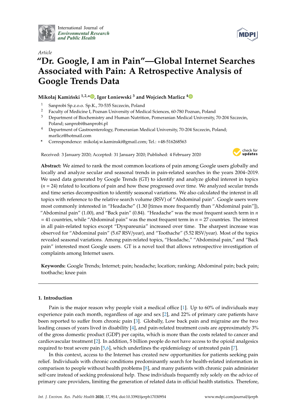 Global Internet Searches Associated with Pain: a Retrospective Analysis of Google Trends Data