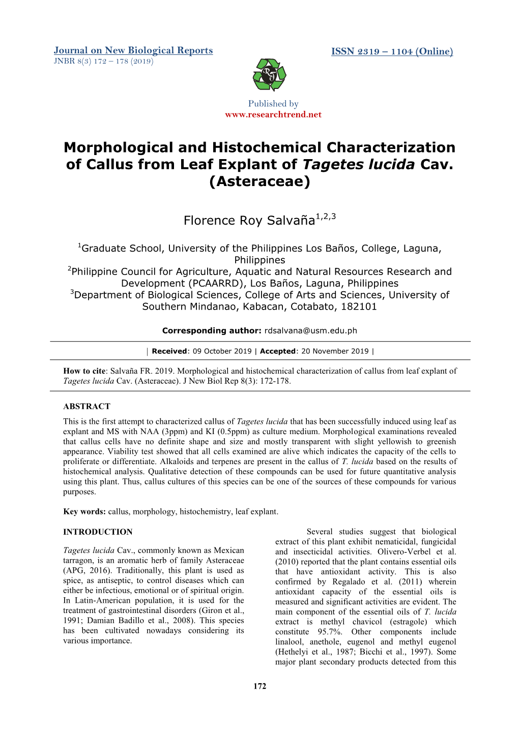 Morphological and Histochemical Characterization of Callus from Leaf Explant of Tagetes Lucida Cav