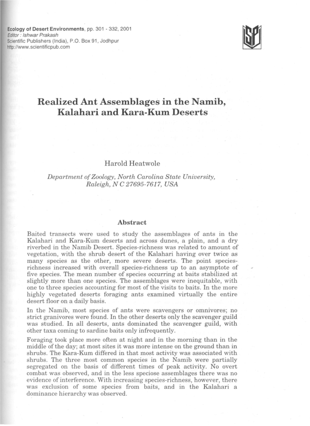 Realized Ant Assemblages in the Namib, Kalahari and Kara-Kum Deserts