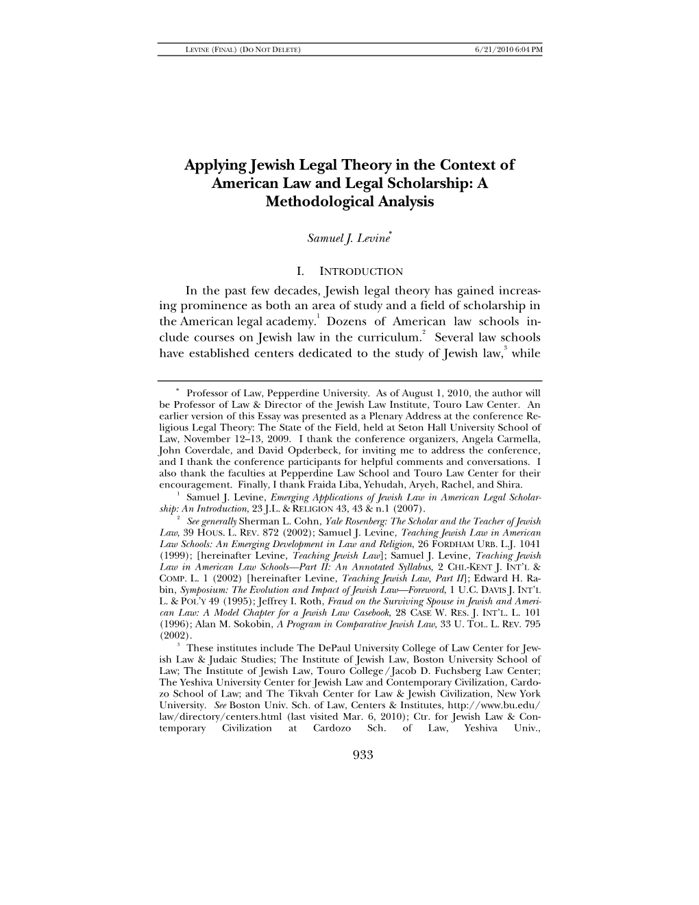 Applying Jewish Legal Theory in the Context of American Law and Legal Scholarship: a Methodological Analysis