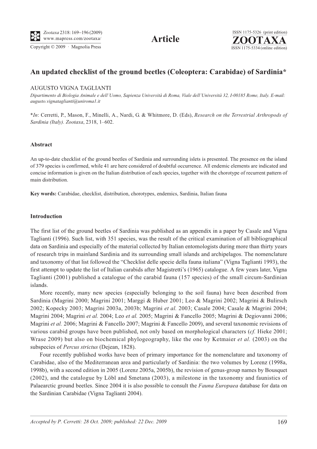 Zootaxa, an Updated Checklist of the Ground Beetles