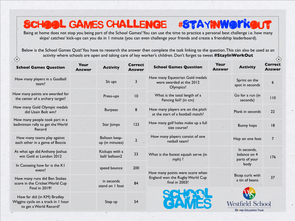 School Games Challenge #Stayinworkout Being at Home Does Not Stop You Being Part of the School Games! You Can Use the Time to Practice a Personal Best Challenge I.E