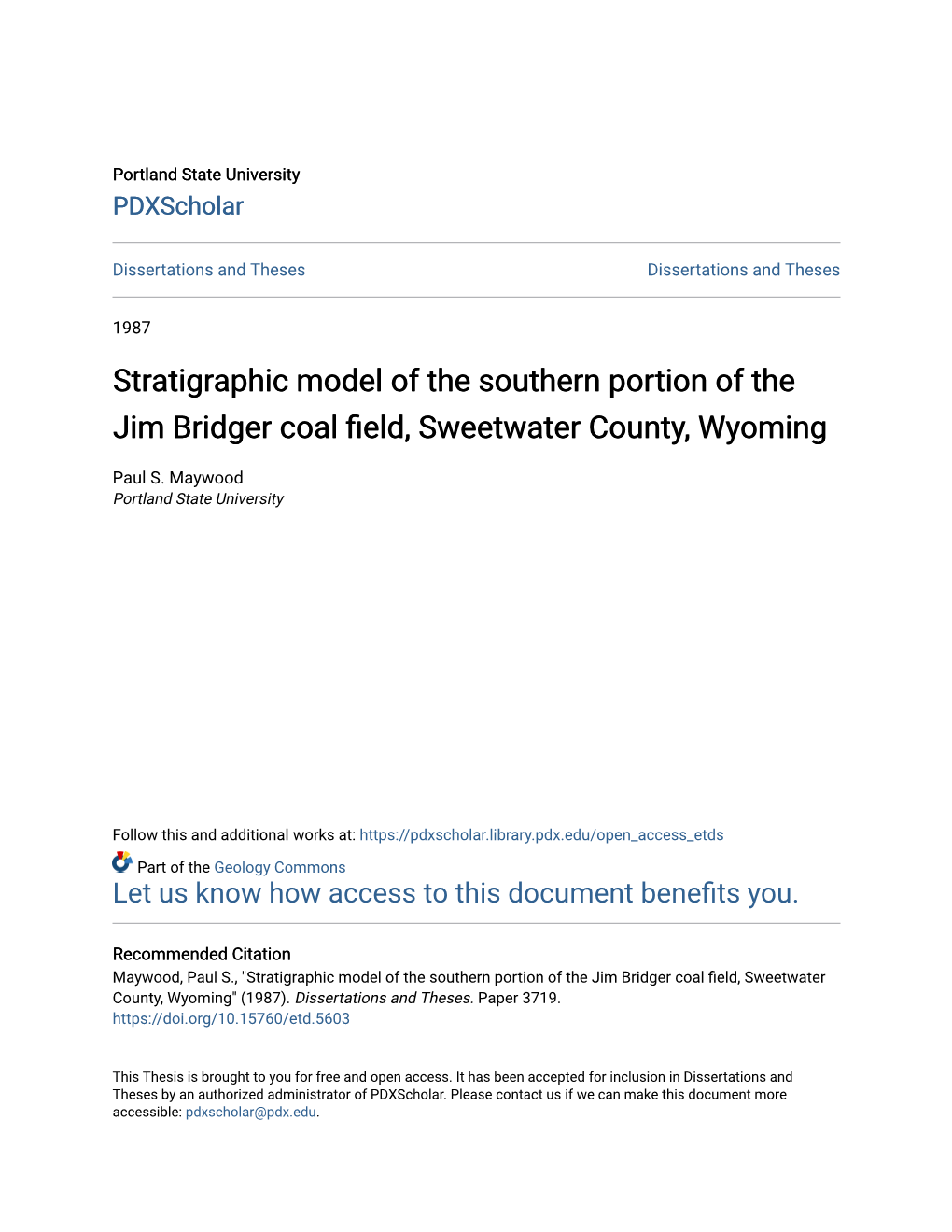 Stratigraphic Model of the Southern Portion of the Jim Bridger Coal Field, Sweetwater County, Wyoming