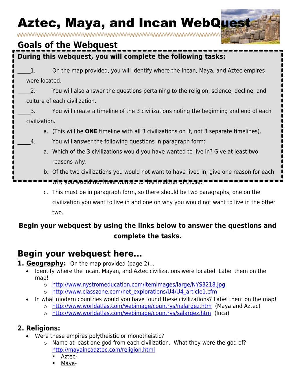 Aztec, Mayan, and Incan Webquest