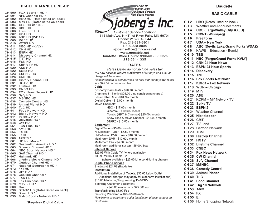 Baudette BASIC CABLE RATES