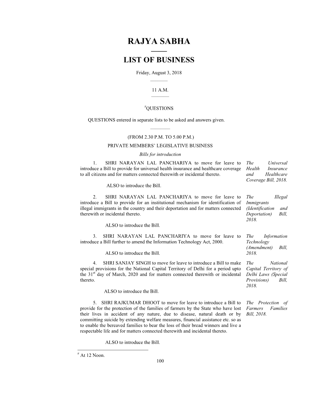 Rajya Sabha —— List of Business