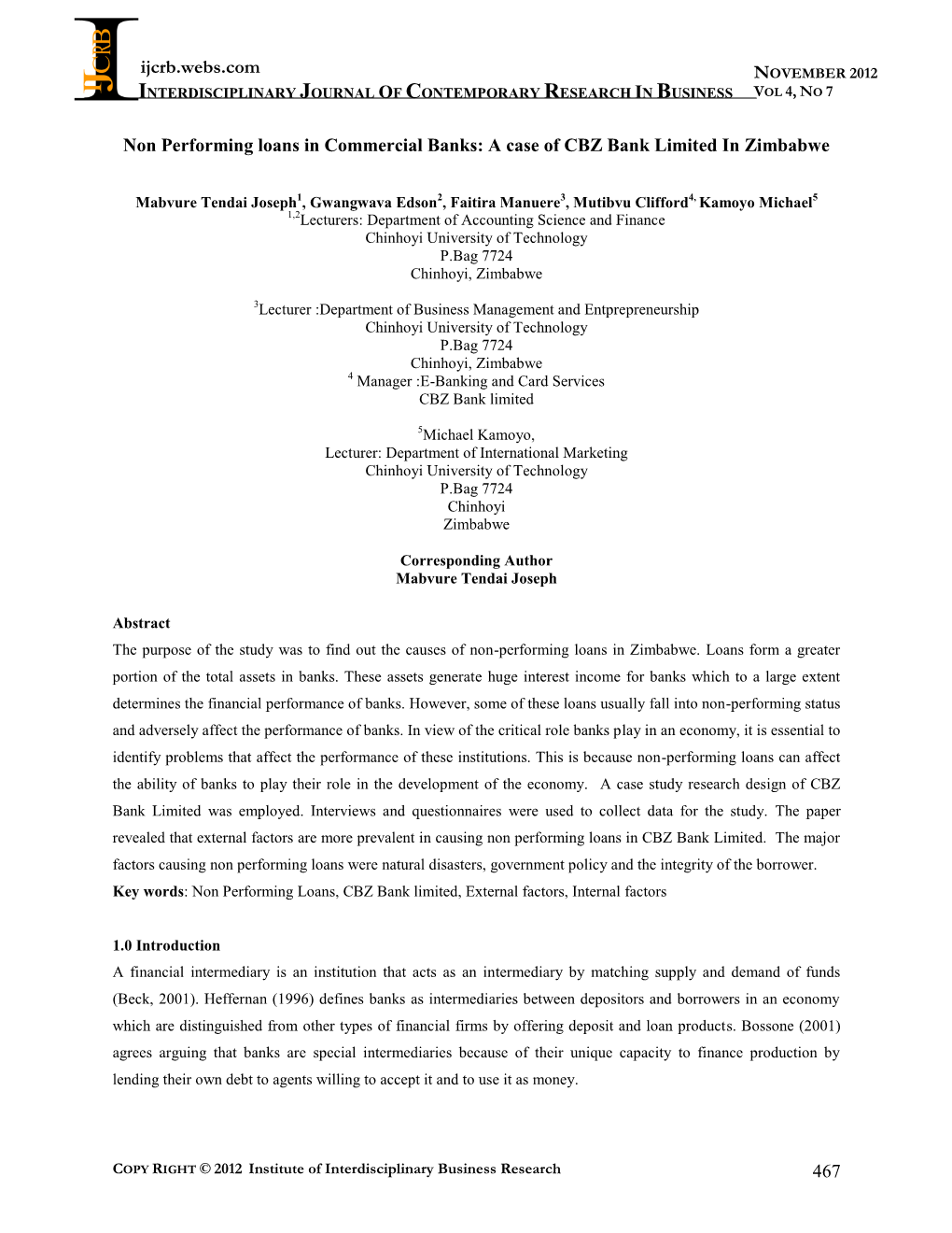 Ijcrb.Webs.Com 467 Non Performing Loans in Commercial Banks: a Case of CBZ Bank Limited in Zimbabwe