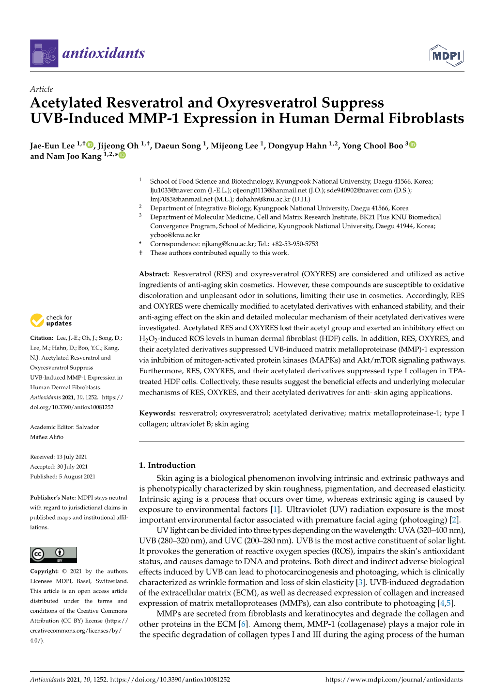 Acetylated Resveratrol and Oxyresveratrol Suppress UVB-Induced MMP-1 Expression in Human Dermal Fibroblasts
