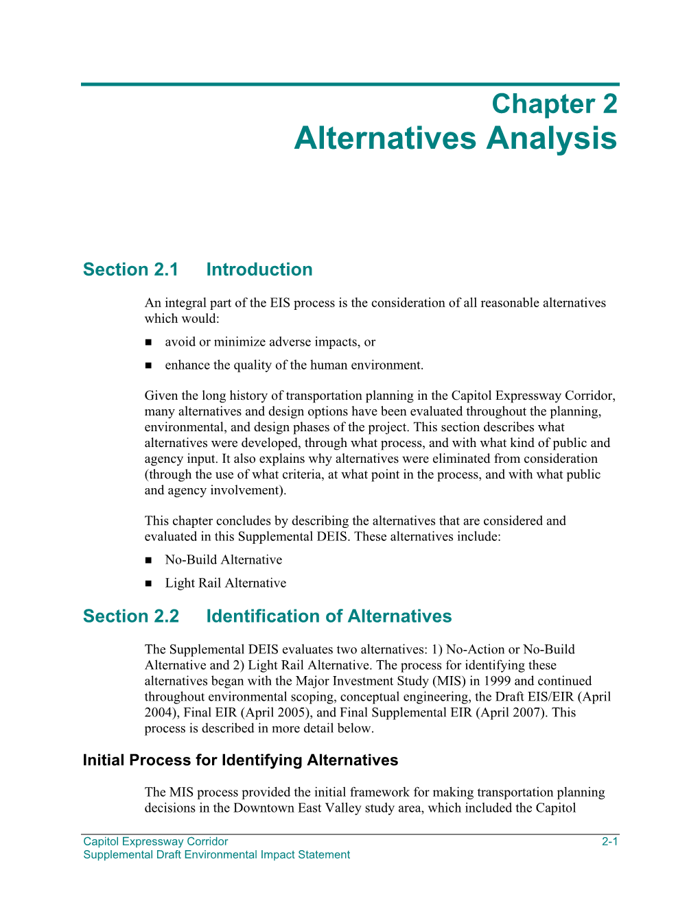 Chapter 2, Alternatives Analysis