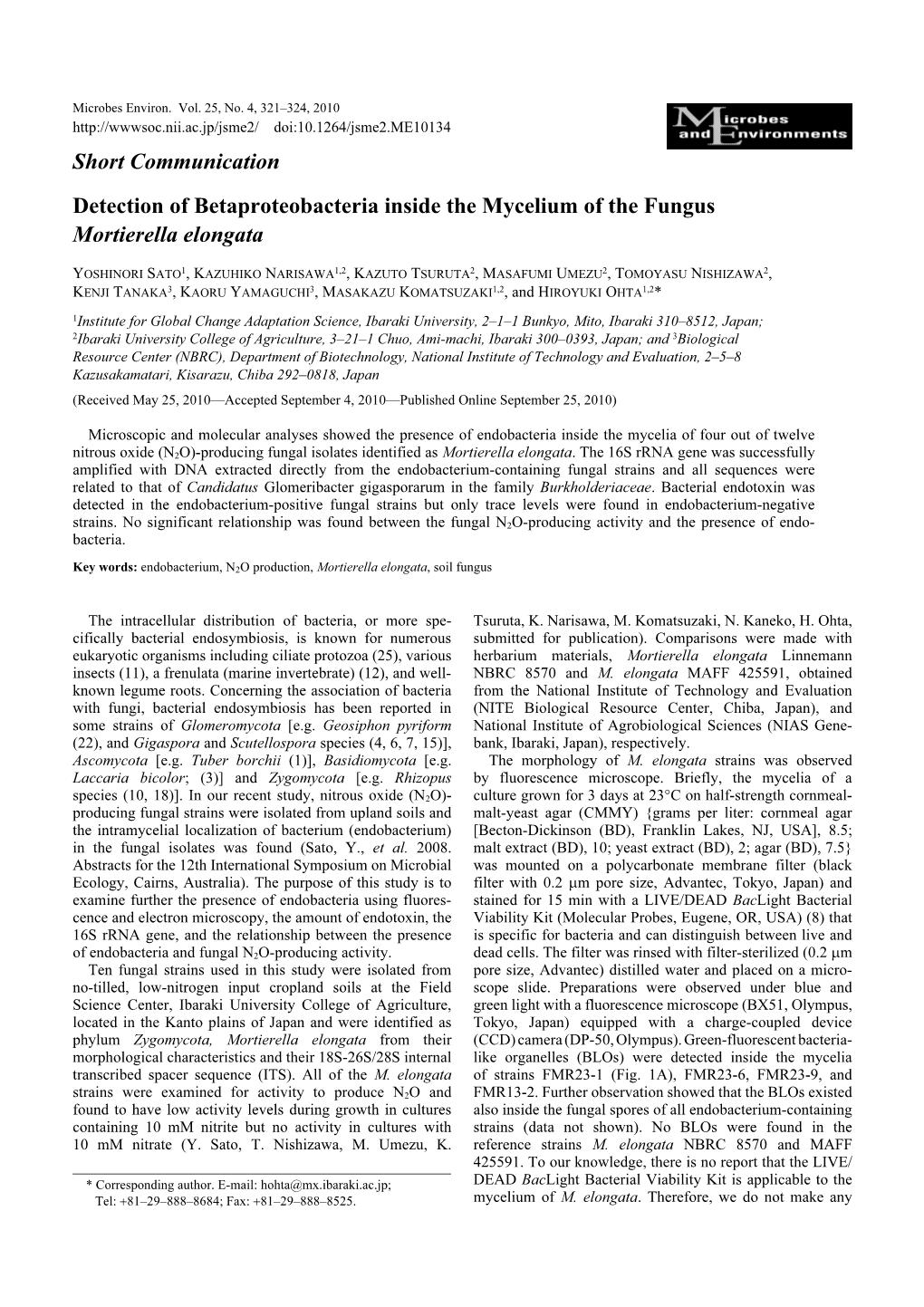 Short Communication Detection of Betaproteobacteria Inside the Mycelium of the Fungus Mortierella Elongata