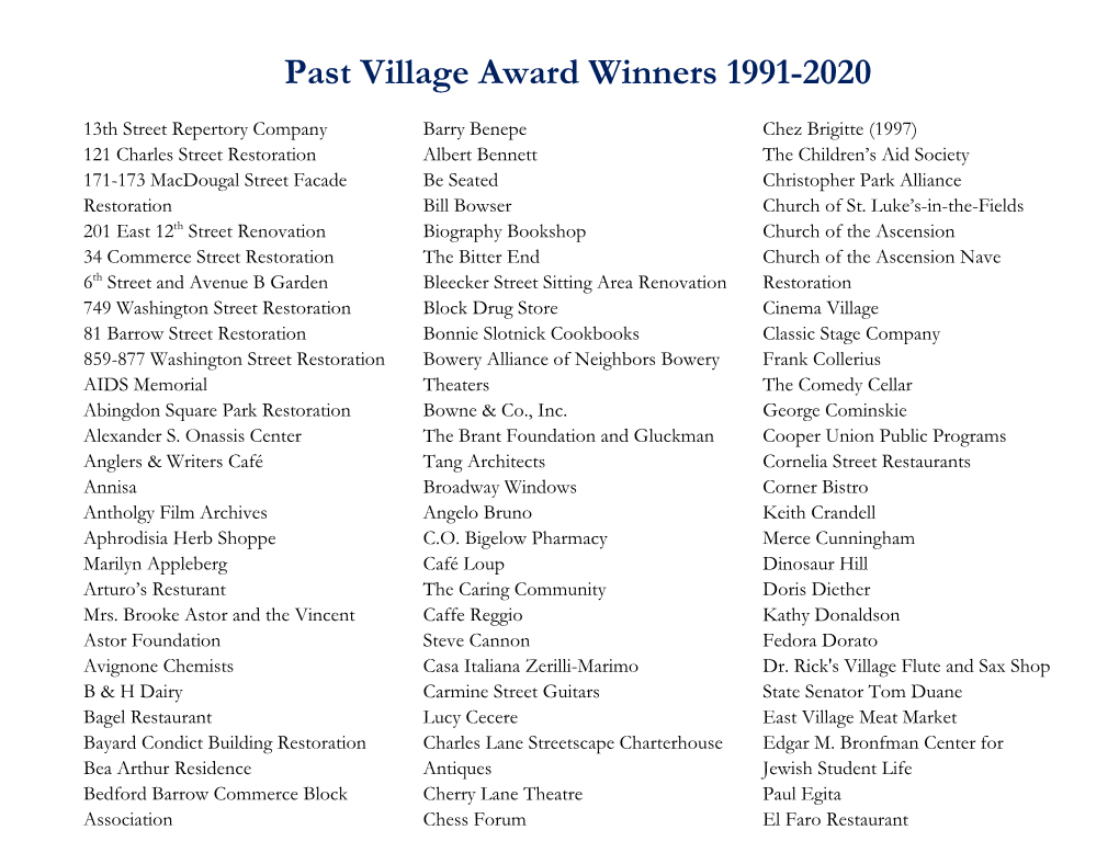 Past Village Award Winners 1991-2020