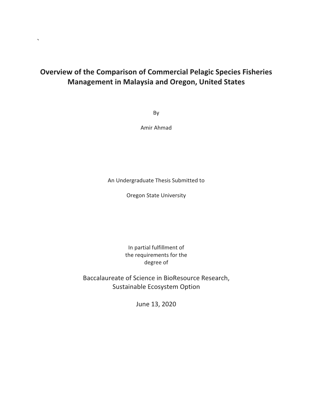 ` Overview of the Comparison of Commercial Pelagic Species