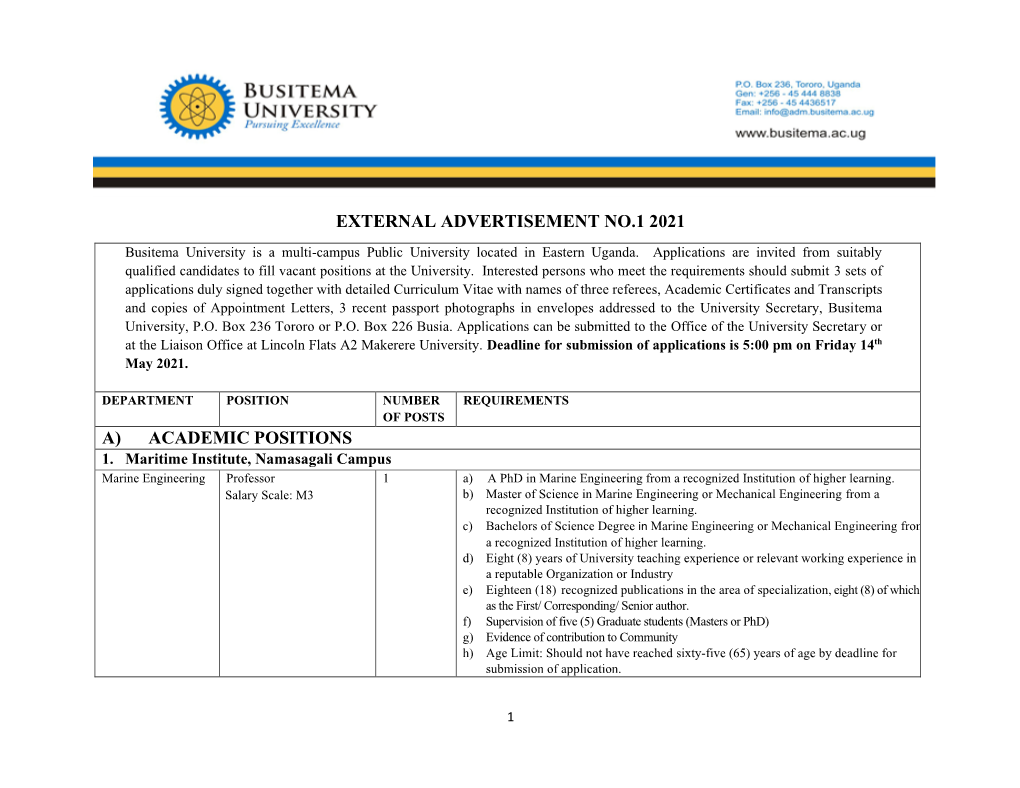 External Advertisement No.1 2021 A) Academic Positions