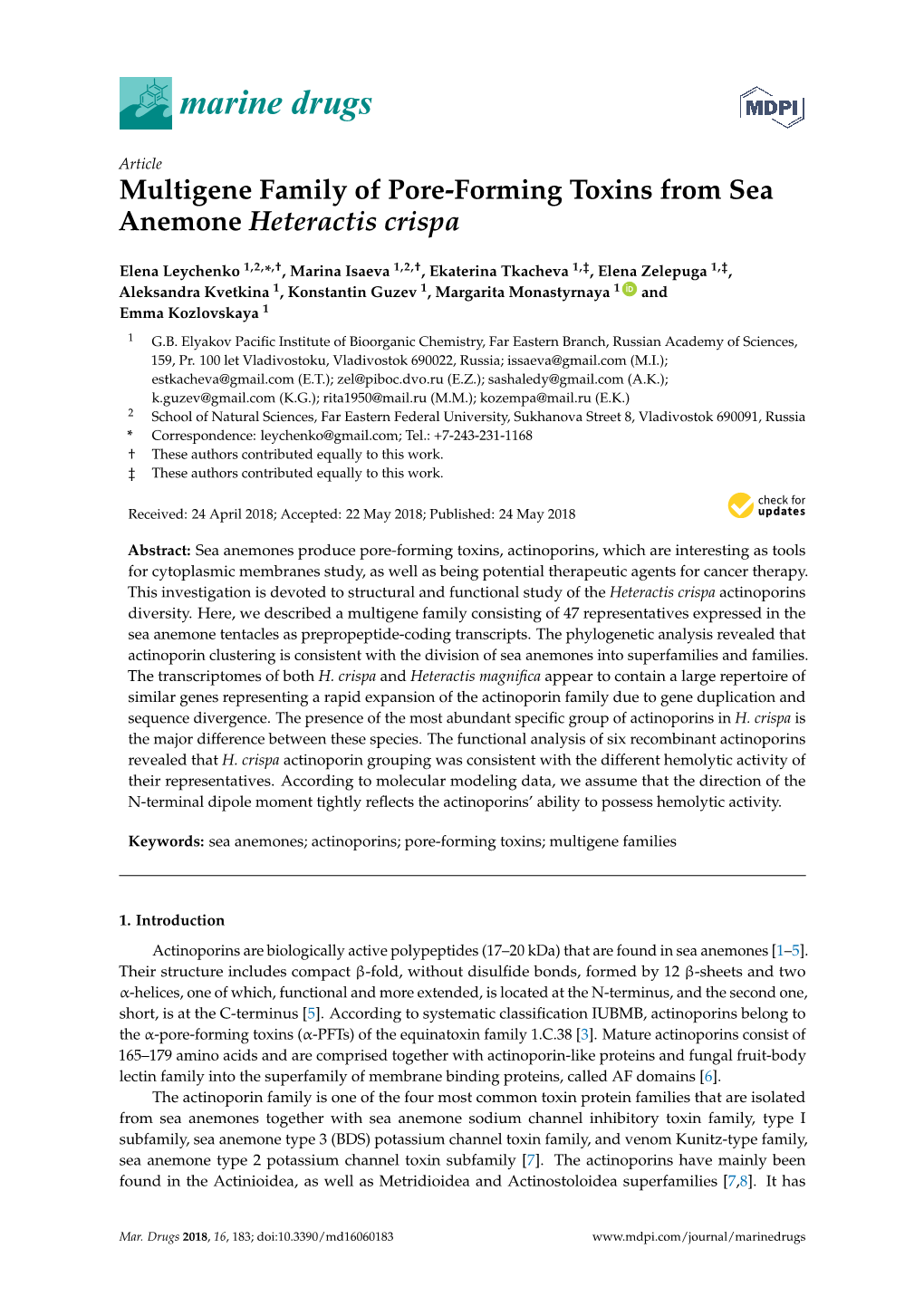 Multigene Family of Pore-Forming Toxins from Sea Anemone Heteractis Crispa