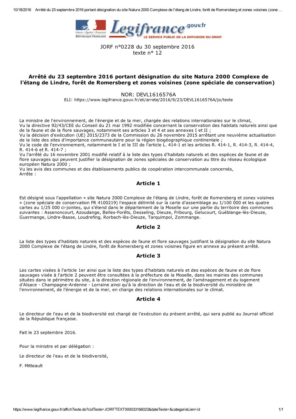 JORF N°0228 Du 30 Septembre 2016 Texte N° 12 Arrêté Du 23 Septembre 2016 Portant Désignation Du Site Na