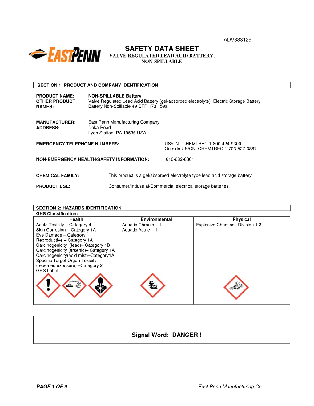 Safety Data Sheet Valve Regulated Lead Acid Battery, Non-Spillable