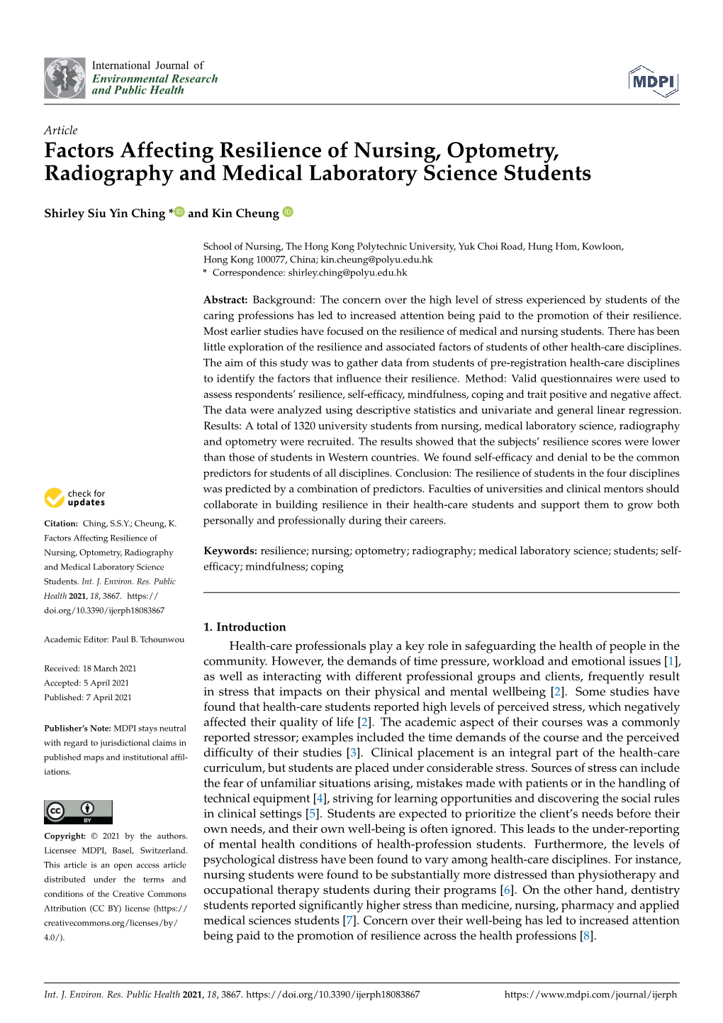 Factors Affecting Resilience of Nursing, Optometry, Radiography and Medical Laboratory Science Students