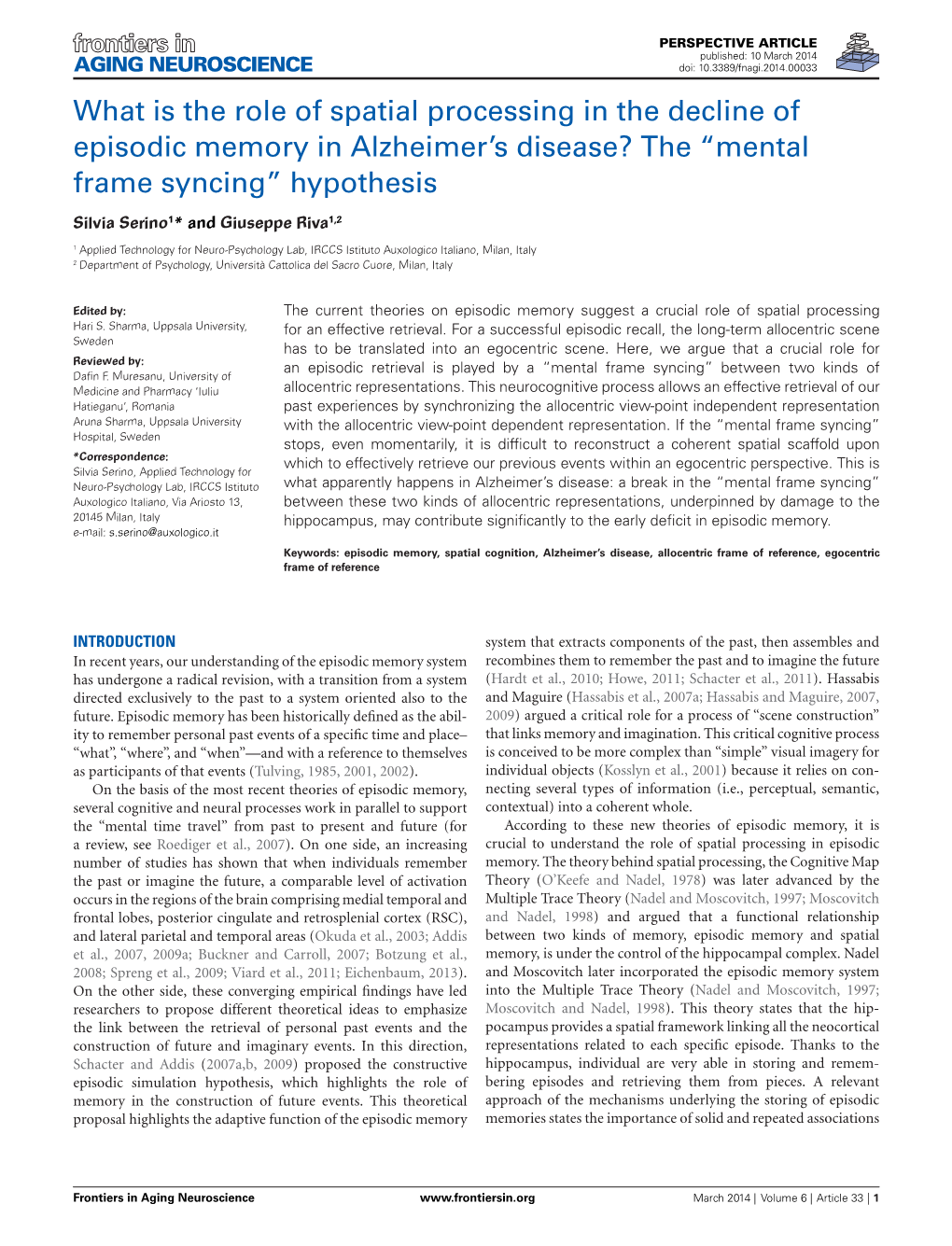 What Is the Role of Spatial Processing in the Decline of Episodic Memory in Alzheimer’S Disease? the “Mental Frame Syncing” Hypothesis