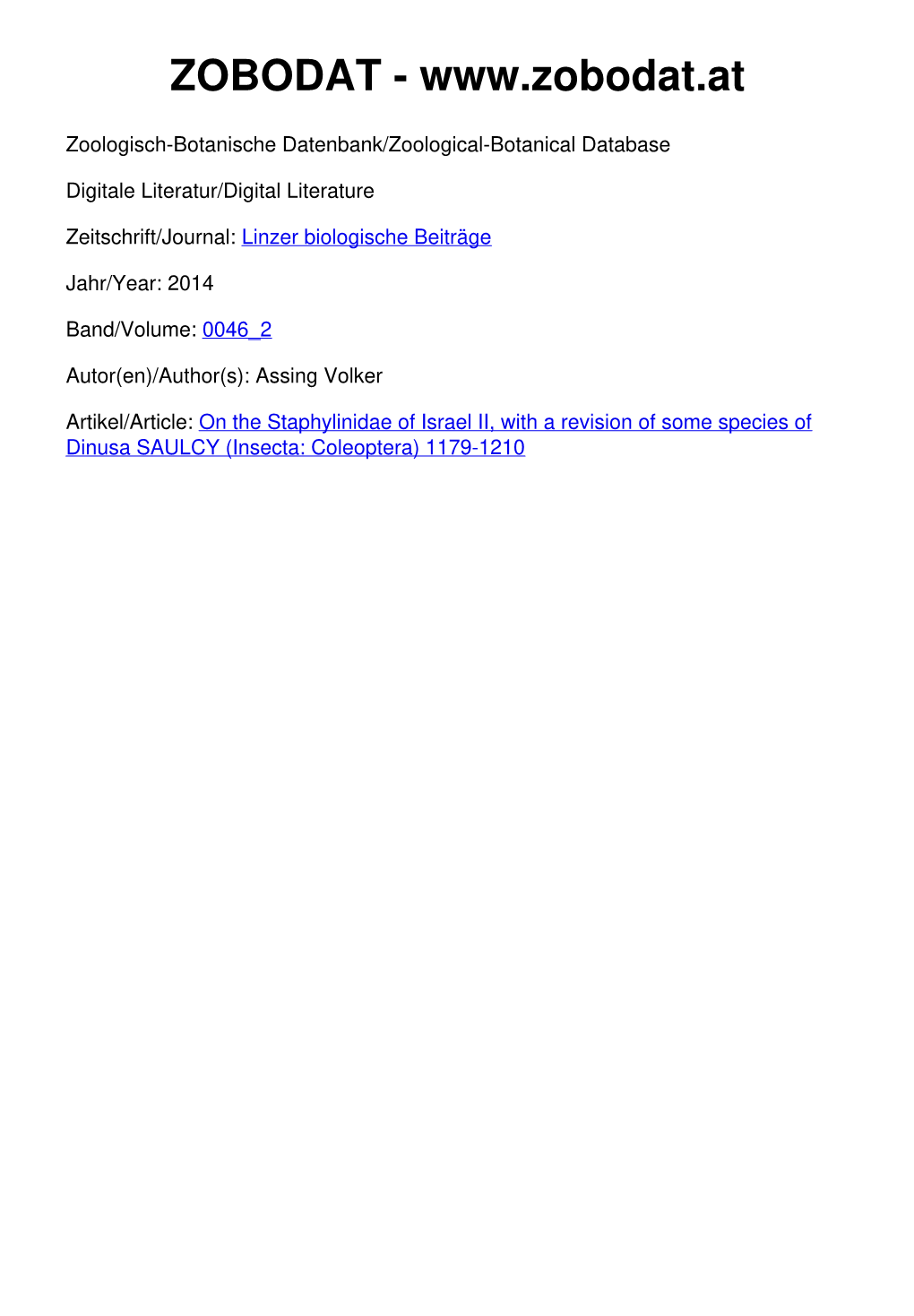 On the Staphylinidae of Israel II, with a Revision of Some Species of Dinusa