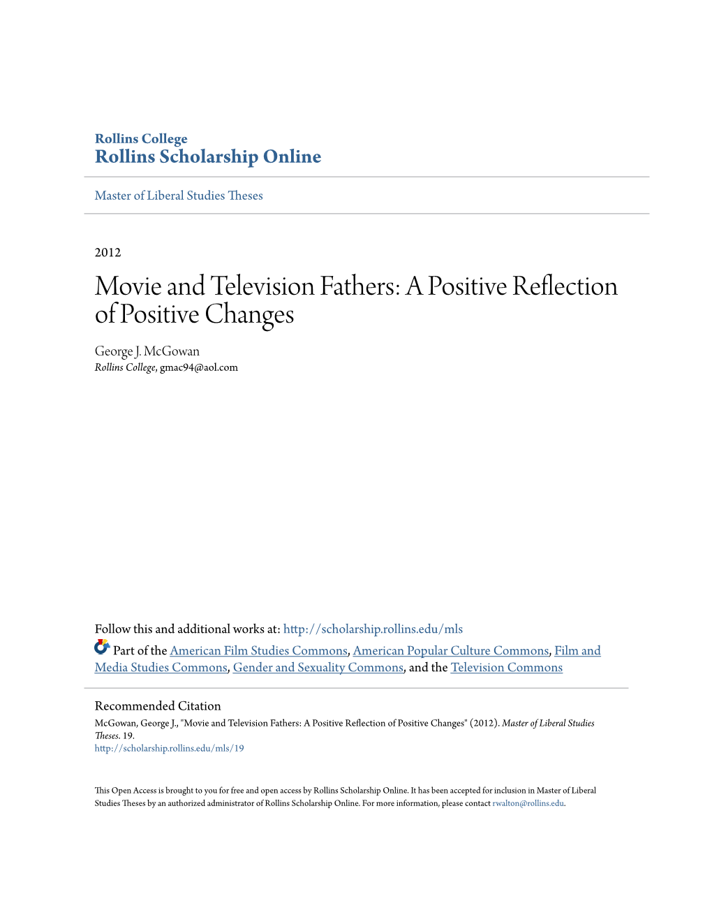 Movie and Television Fathers: a Positive Reflection of Positive Changes George J